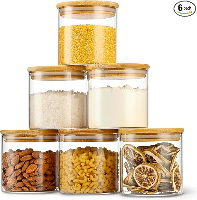 22oz Straight cylindrical Airtight Storage Jars with Bamboo Lid Set of 6 Storage Container Stacka... | Amazon (US)