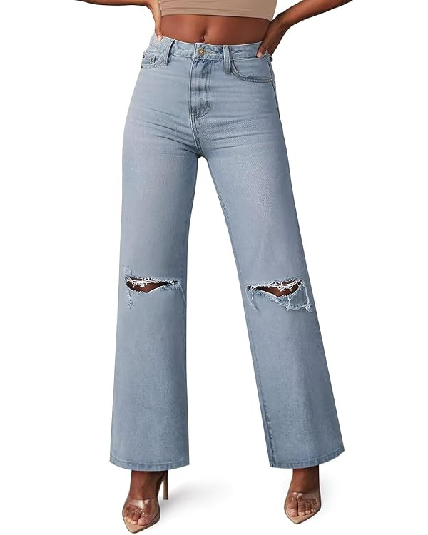 KDF Women's High Waisted Straight Leg Jeans for Women Black Cropped Wide Leg Frayed Baggy Raw Hem... | Amazon (US)