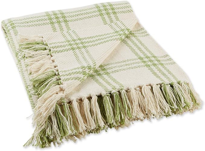 DII Modern Farmhouse Plaid Collection Cotton Fringe Throw Blanket, 50x60, White/Antique Green | Amazon (US)