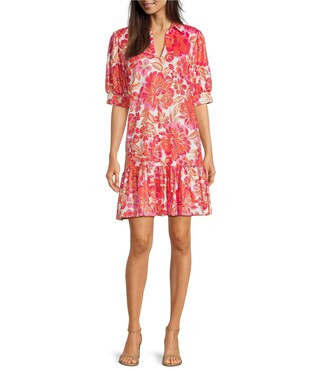 Tierney Metallic Peony Dream Print Knit Point Collar V-Neck Short Puff Sleeve Drop Waist Flounce ... | Dillard's