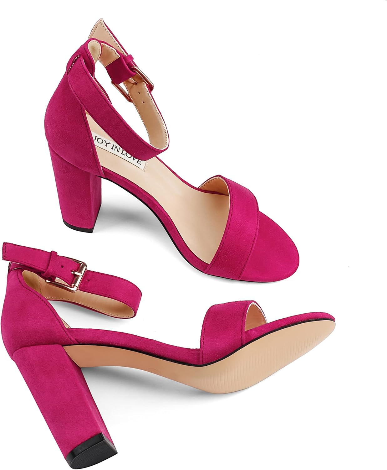 JOY IN LOVE Womens 3.5" Chunky Block High Heels Ankle Strap Heeled Sandals | Amazon (US)