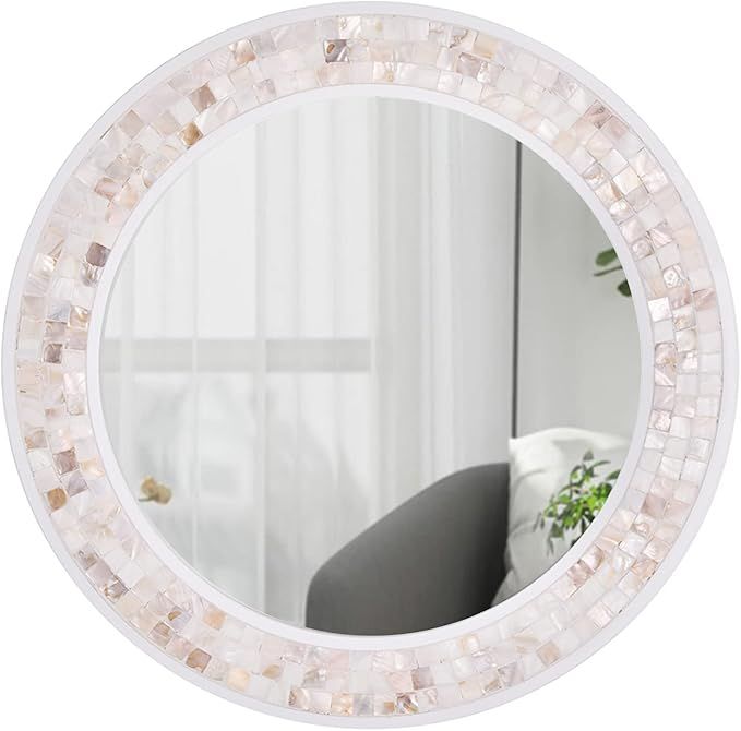 20 Inch White Round Mirror, Natural Shell Wall Mirror Handmade with Wooden Frame, Decorative Wall... | Amazon (US)