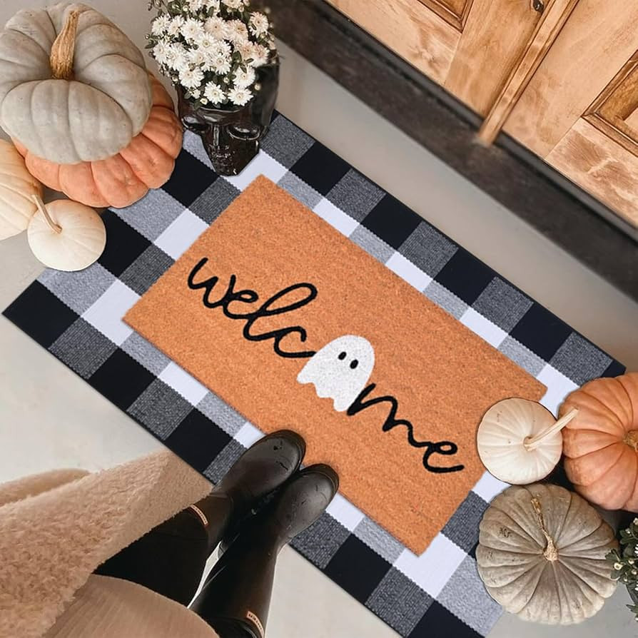 Halloween Door Mat Combo Set, Welcome Ghost Coco Coir Welcome Doormat + 28" x 43" Black and White... | Amazon (US)