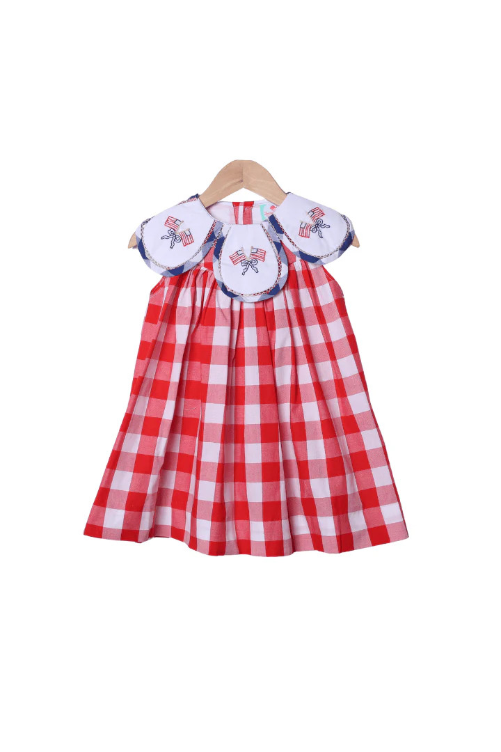 Hand Embroidered American Flag Red Buffalo Check Tulip Dress | The Smocked Flamingo