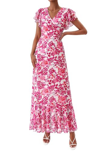 PRETTYGARDEN Spring Dresses for Women 2026 Summer Boho Floral Ruffle Short Sleeve Flowy Beach Wedding Guest Maxi Long Dress(Rose Red Floral,Small) | Amazon (US)