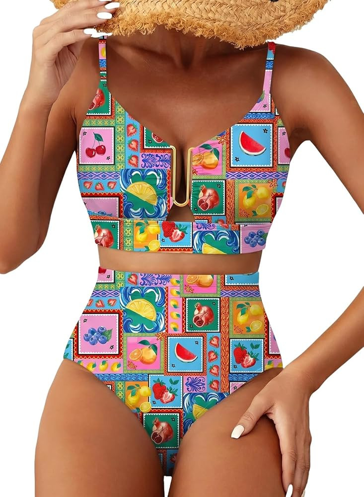 Amazon.com: Herseas Women's High Waisted U Wire Bikini Sets Floral Print Crisscross Back Swim Sui... | Amazon (US)