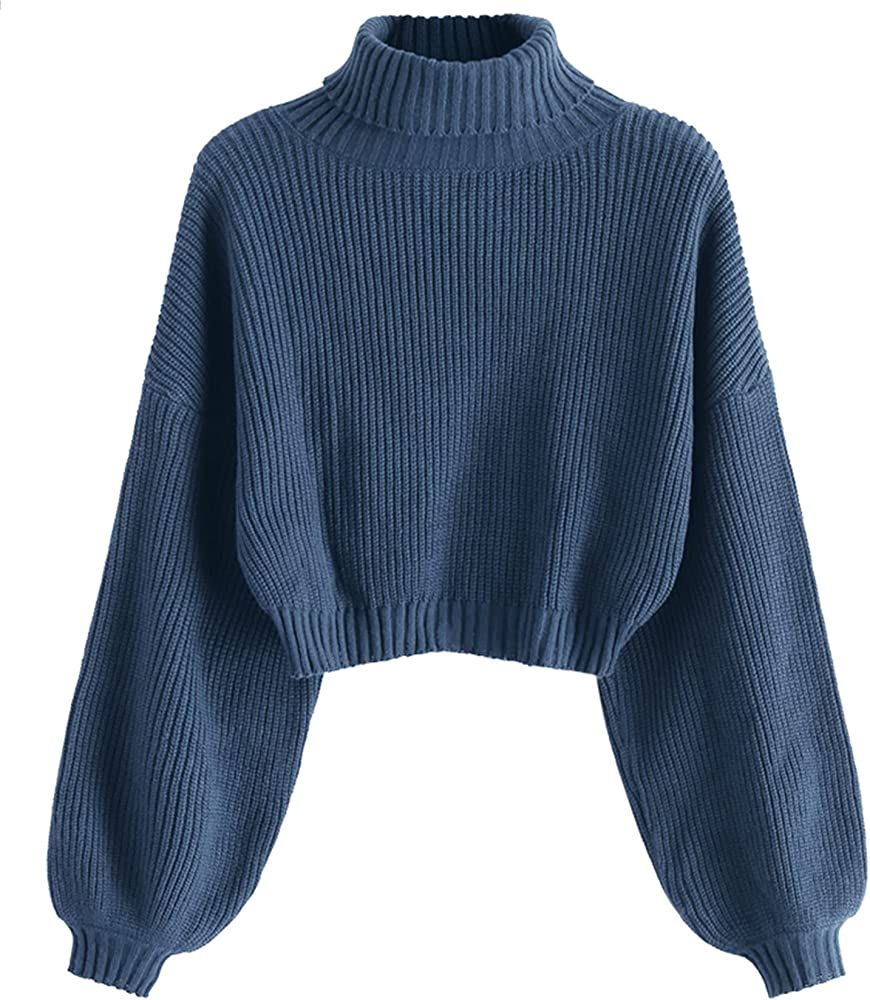 ZAFUL Women's Cropped Turtleneck Sweater Lantern Sleeve Ribbed Knit Pullover Sweater Jumper | Amazon (US)