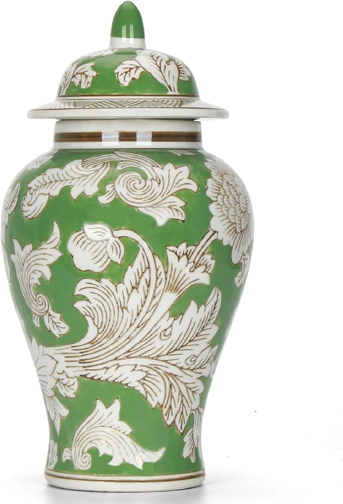 11″ Green Ginger Jar Traditional Peony Temple Jar with Lid Chinoiserie Vase Chinese Style Ginge... | Amazon (US)