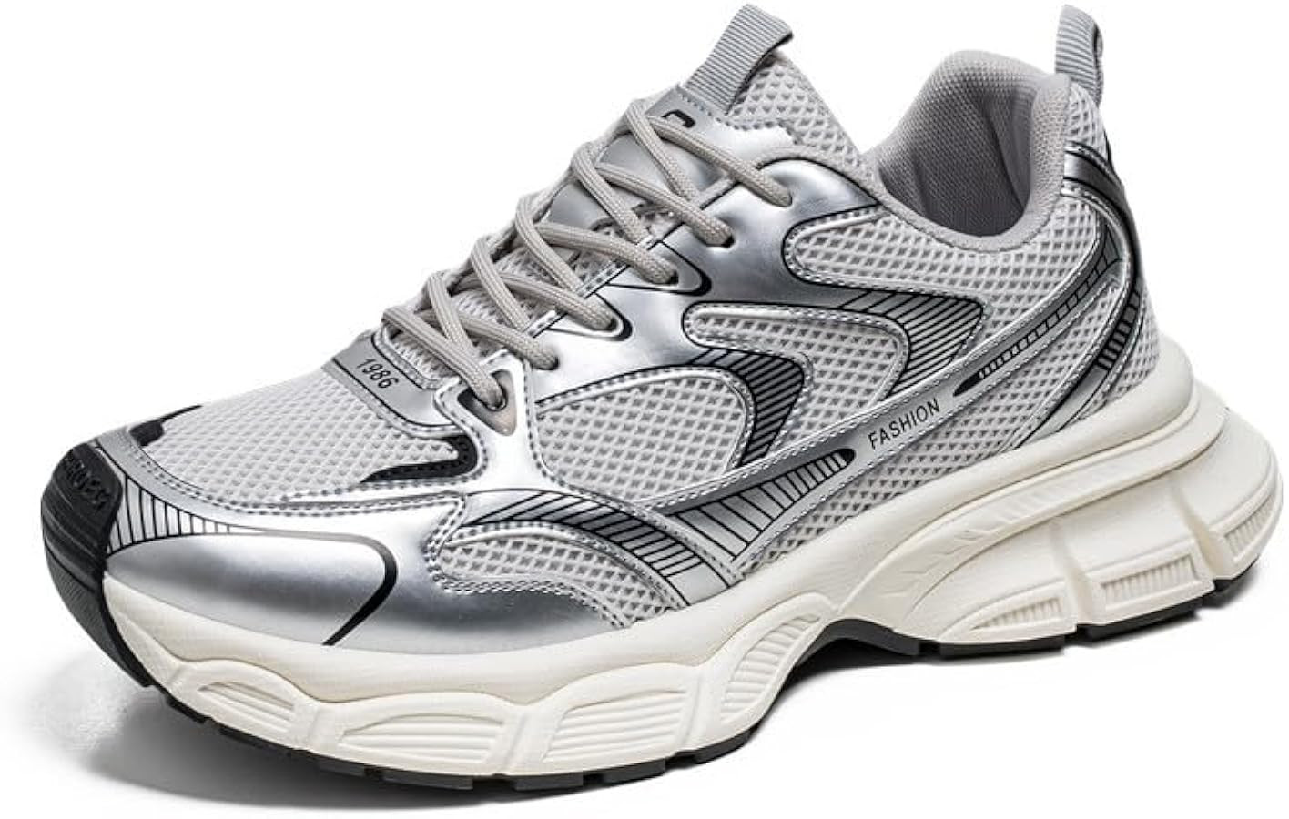 Floette Men's Silver Fashion Sneakers Dad Shoes Walking Casual Athletic Chunky Platform Sneakers | Amazon (US)