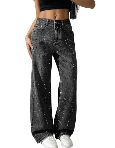 heipeiwa Women's Rhinestone Jeans Wide Leg Baggy Denim Pants High Waist Sparkle Shiny Sequin Trouser Black | Amazon (US)