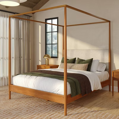 Harbor Queen Canopy Bed with Upholstered Headboard, Pecan/Swiss Coffee (MD2411-01) | Target