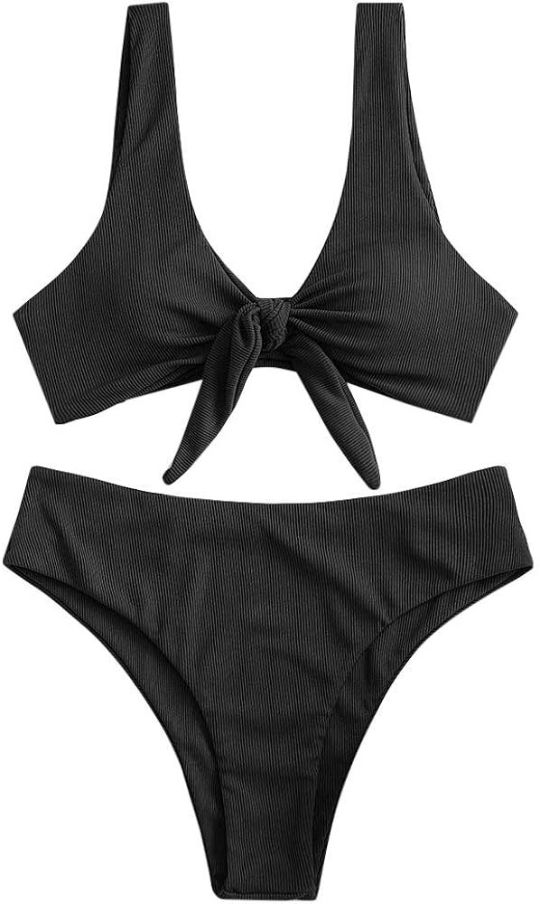 ZAFUL Women Tie Front Bikini Set Ribbed High Cut Two Piece Swimsuit Bathing Suit | Amazon (US)
