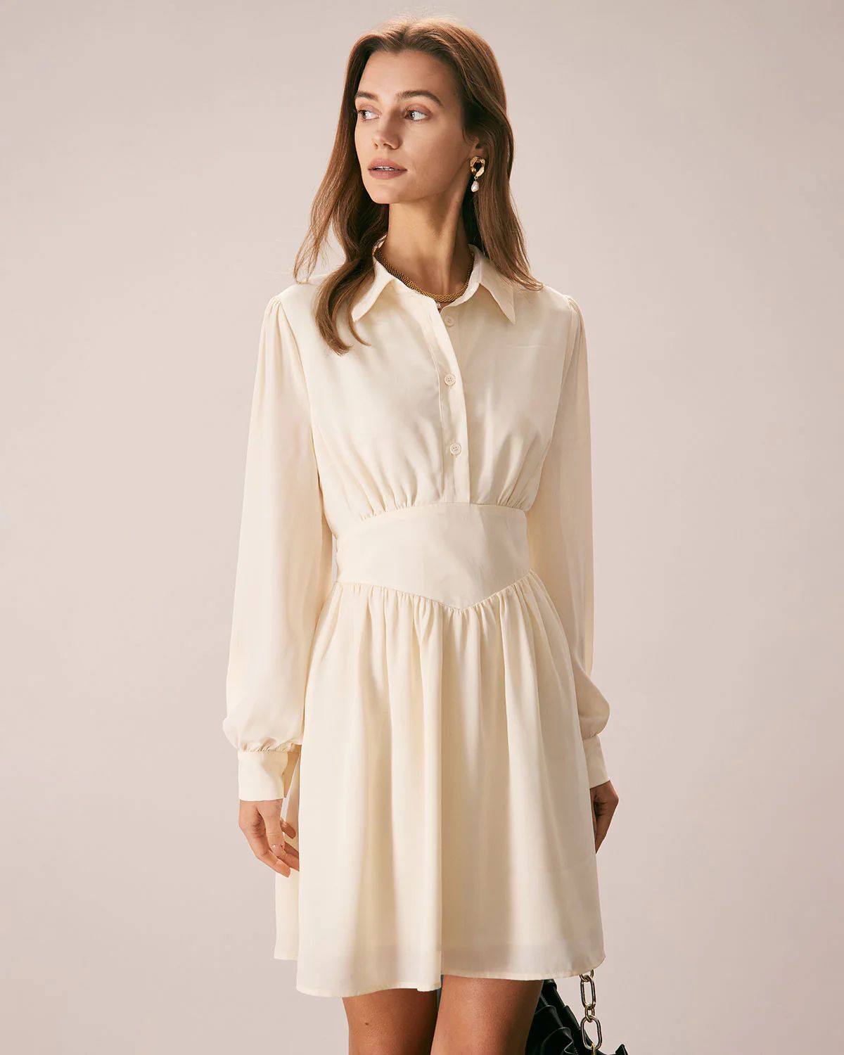 The Beige Lapel Pleated Button Mini Dress & Reviews - Beige - Dresses | RIHOAS | rihoas.com