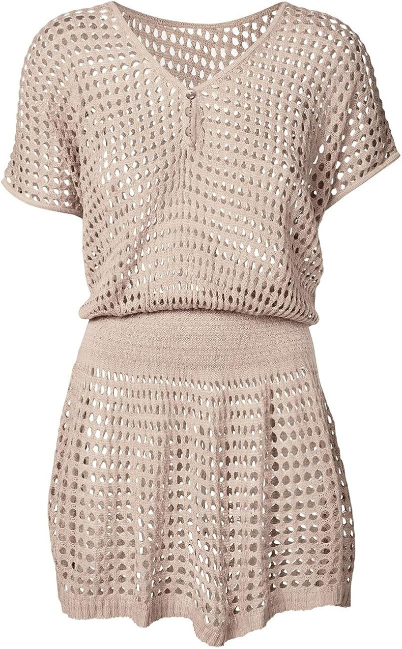 Bsubseach Women Crochet Hollow Out Swim Cover Ups Short Sleeve Beach Swimwear Tunic Dress | Amazon (US)
