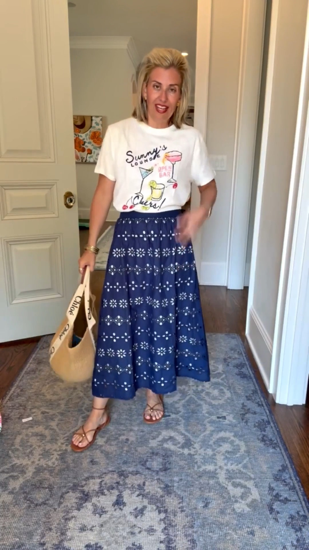 Duffield Lane 30% off with code SIDEWALK30. 
Graphic tee for the win and this skirt is really really good. It’s fully lined and can be dressed up or down.
I’m in small tee & skirt and 8 sandal.

#LTKdayinmylife #LTKSeasonal #LTKOver40