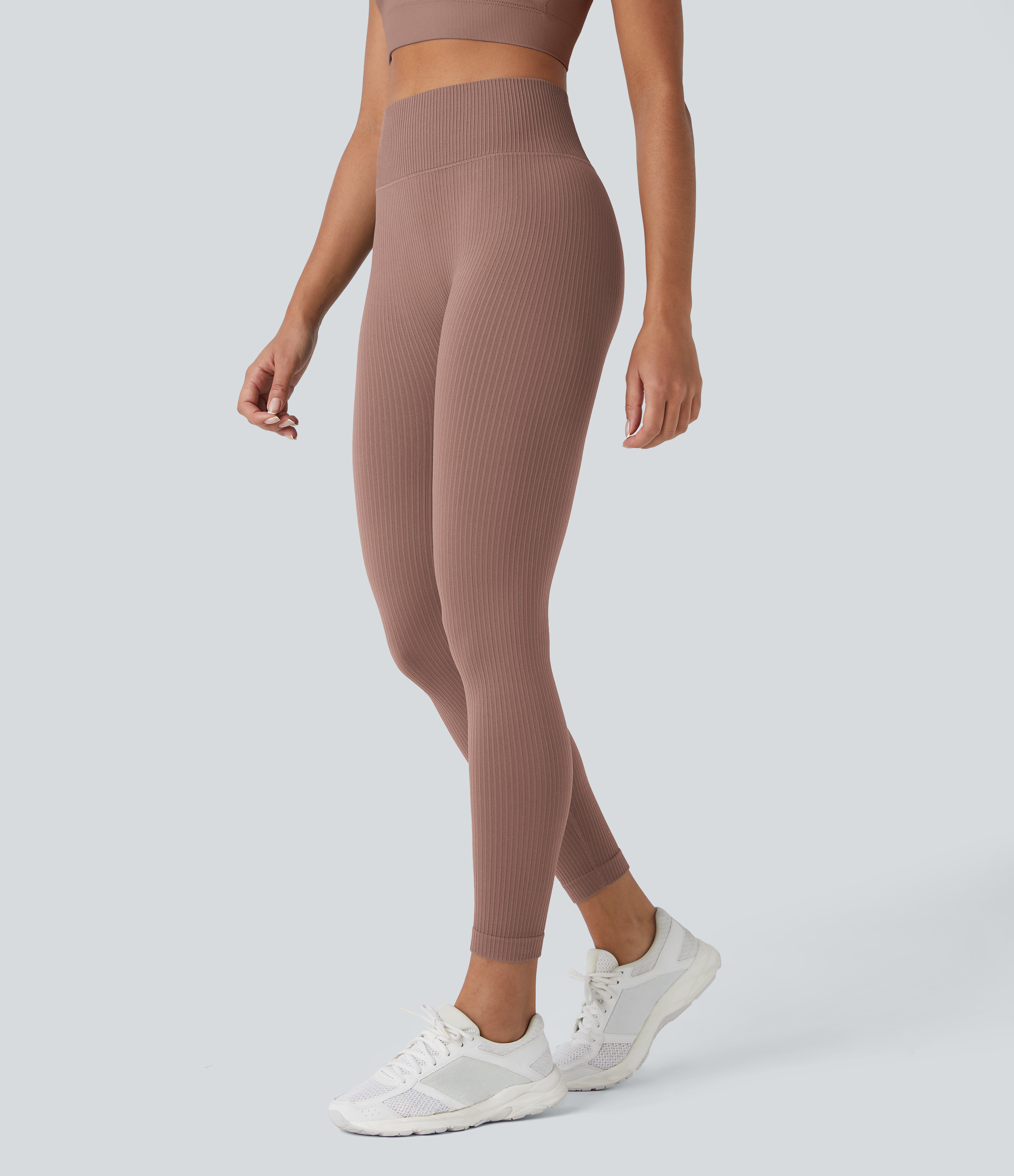 Halara Soft Seamless Flow Ribbed High Waisted Tummy Control Yoga 7/8 Leggings - Mocha Brown - M(7/8) gym leggings leggings with pockets | HALARA
