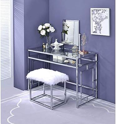 SSLine Elegant Vanity Set with Mirror and White Faux Fur Stool Glass/Chrome Vanity Desk Makeup Dr... | Amazon (US)