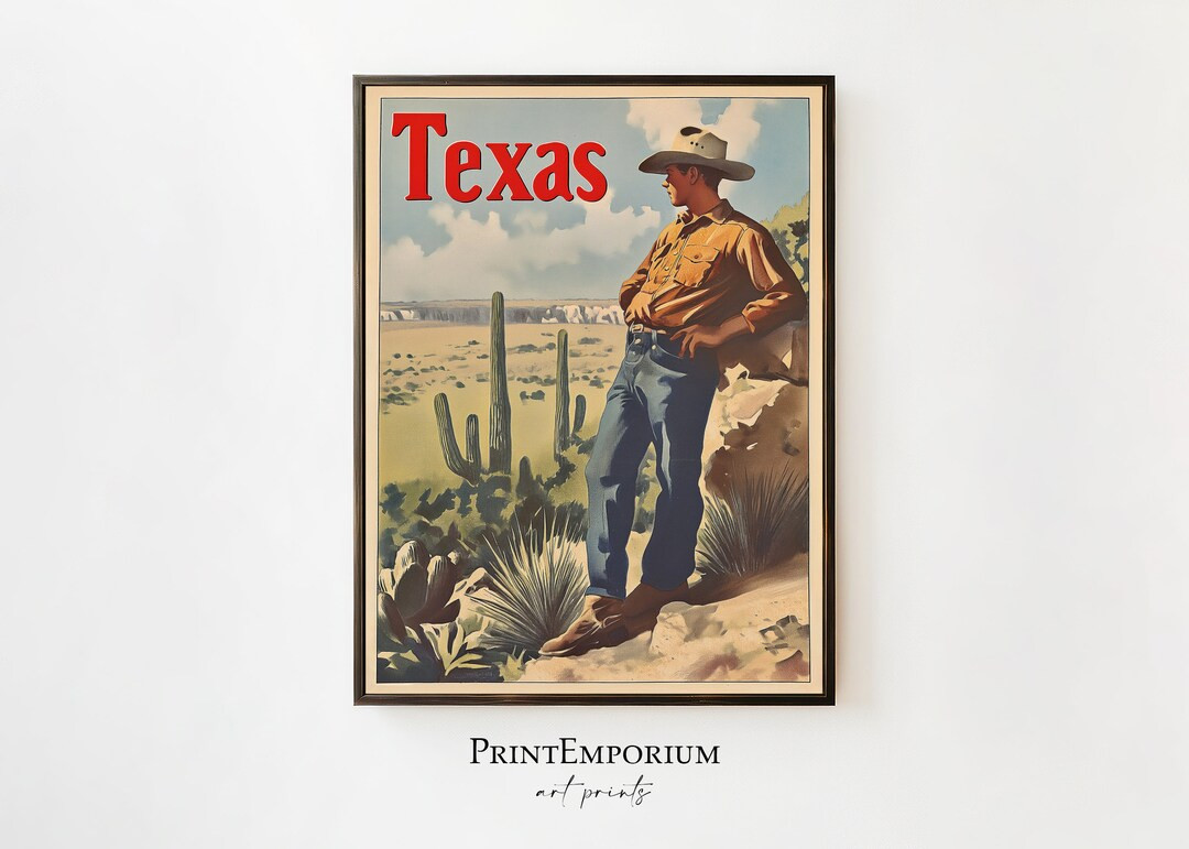 Vintage Texas Travel Poster Western Cowboy Print Southwestern Desert Art Rustic Old West Ranch De... | Etsy (US)