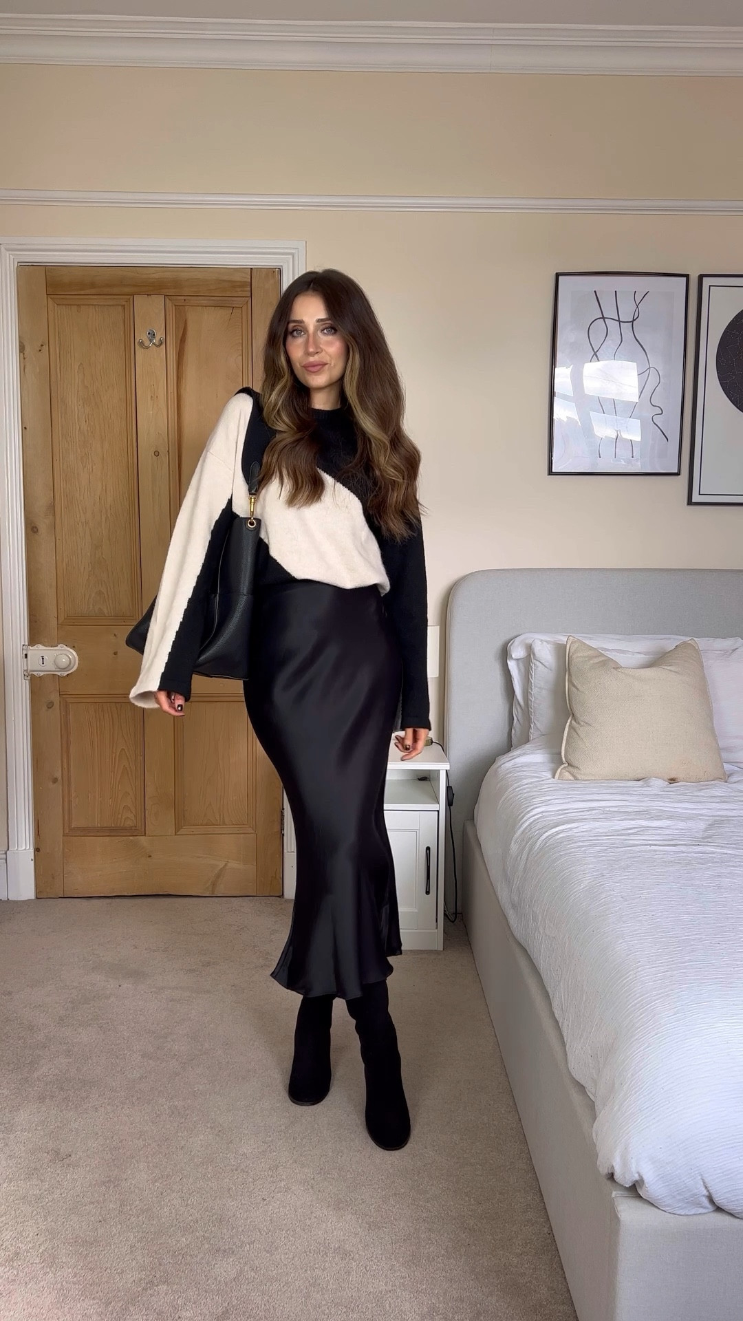 Monochrome autumn outfit 🤍🖤 black satin skirt, stripe jumper, knee high boots, celine bag 🖤

#LTKeurope #LTKSeasonal