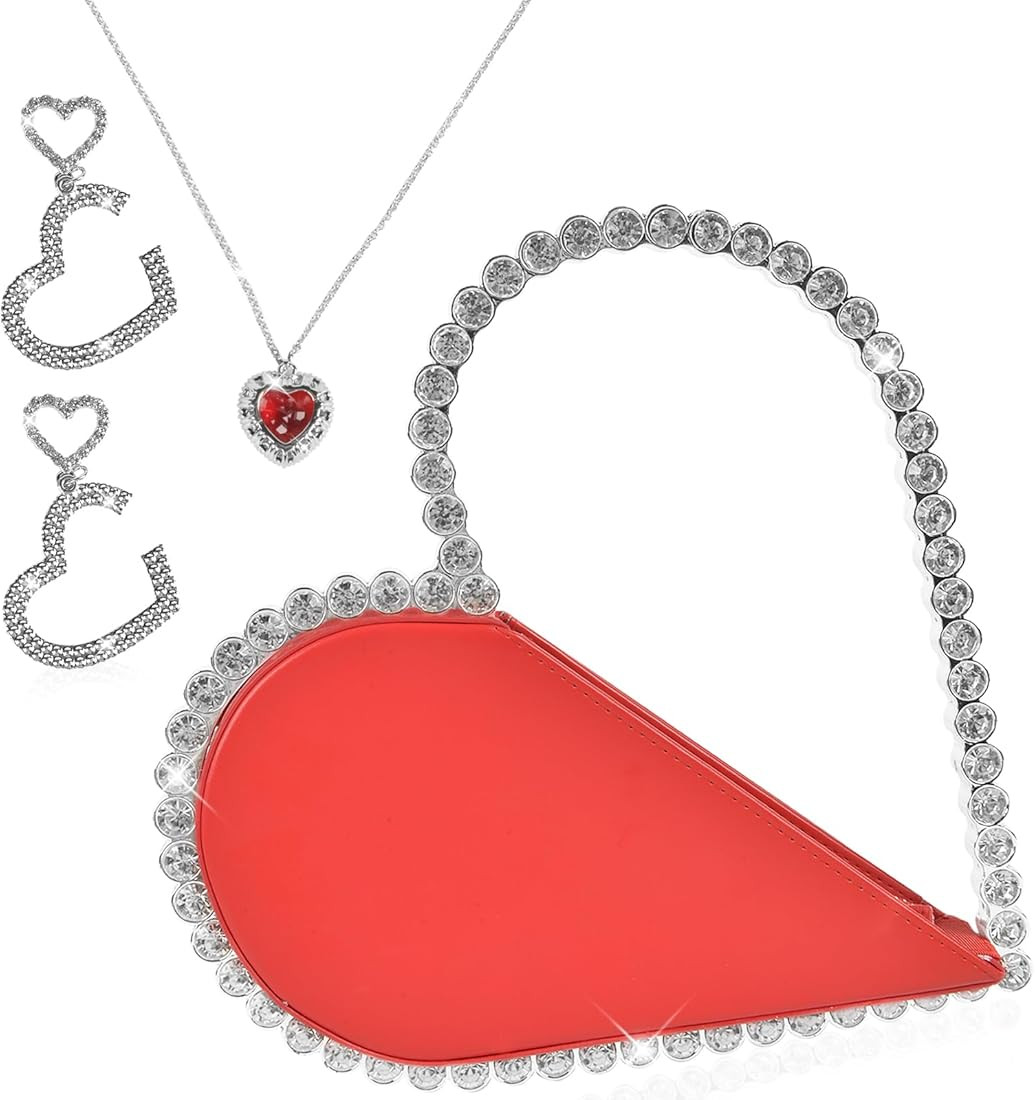 Red Heart Shaped Clutch Purse - 3 Pcs Rhinestone Evening Bag for Women Silver Hearts Handbag with... | Amazon (US)