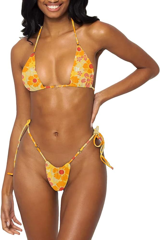 Women Halter String Bikini Set Sexy Thong Cheeky Two Piece Swimsuits Solid Color Bathing Swimwear | Amazon (US)
