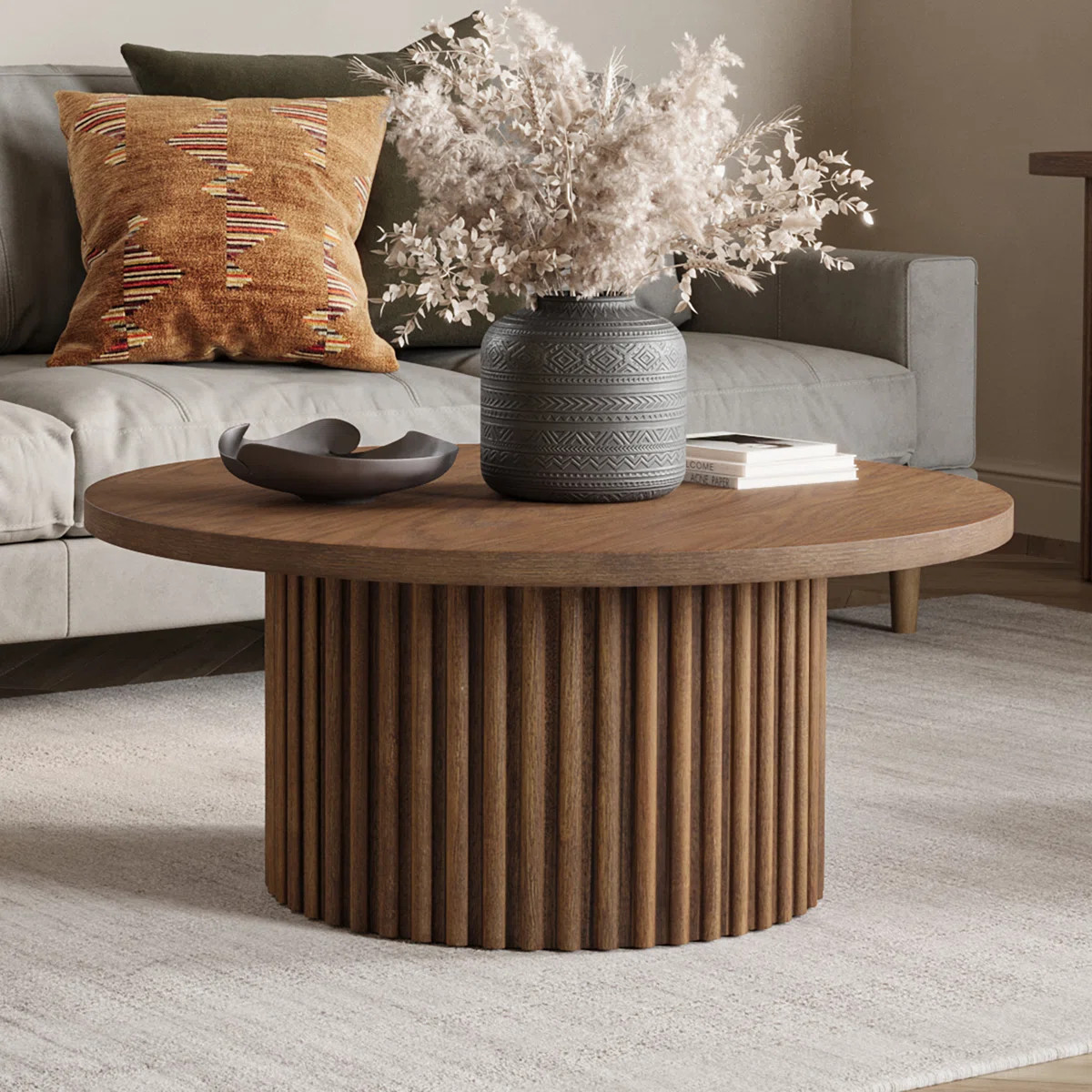 Tannen 40" Round Mid-Century Modern Fluted Pedestal Base Coffee Table With Caster Wheels | Wayfair North America