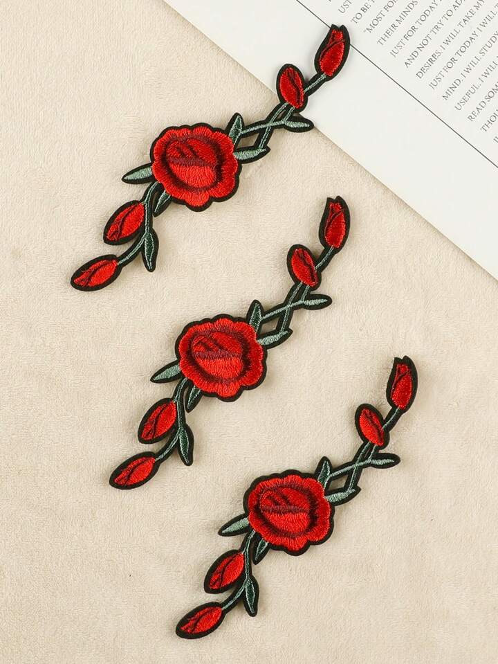 1set 3pcs Embroidered Rose Appliques For Clothing, Hats, Diy Iron-On Patches | SHEIN