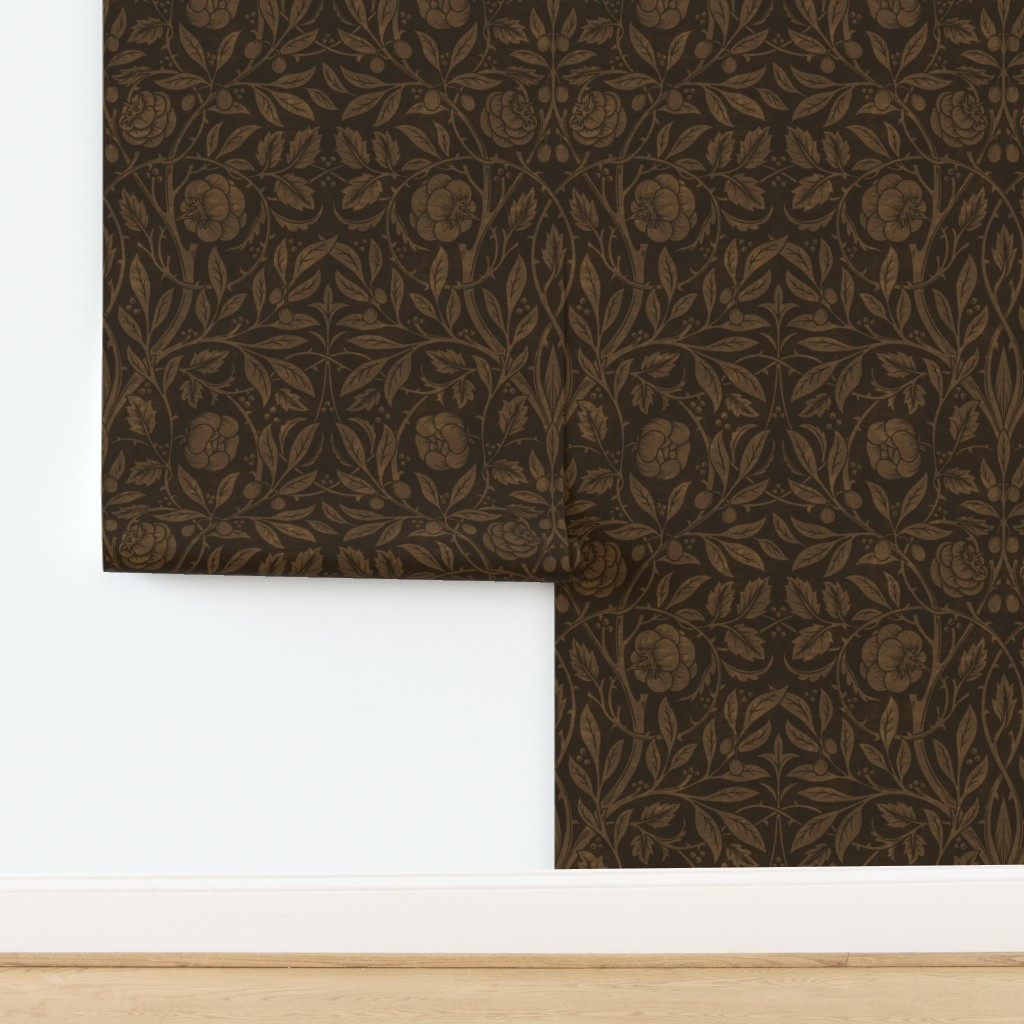 Reimagined William Morris Climbing Rose - Dark Brown Wallpaper | Spoonflower | Spoonflower