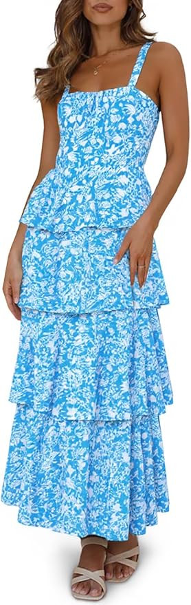 Fisoew Womens Floral Maxi Dresses Spaghetti Strap Casual Sleeveless Ruffle Flowy Tiered Dress | Amazon (US)