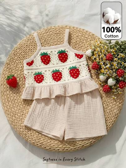Cozy Pixies Baby Girl Strawberry Print Camisole And Elastic Waist Pants 2 Pieces Set,Kids | SHEIN