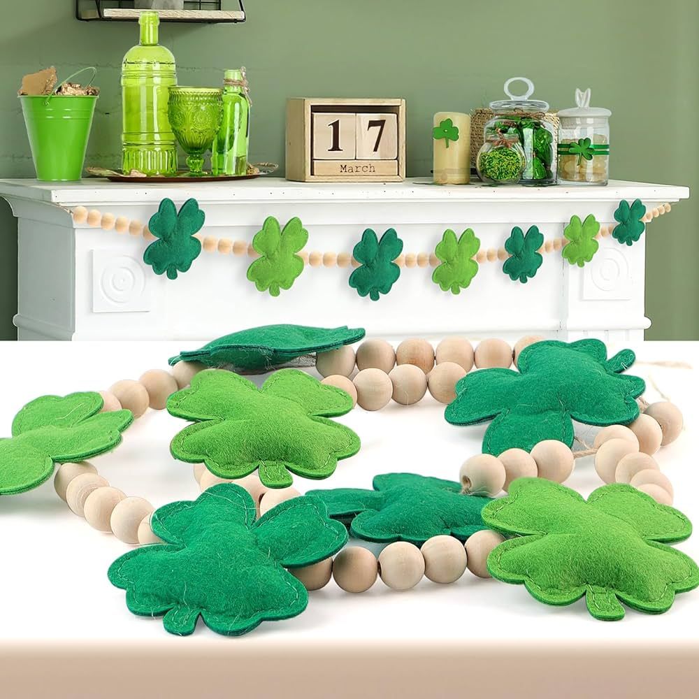 St Patricks Day Garland, 3D Felt St Patricks Shamrock Banner with Wooden Beads for St Patricks Da... | Amazon (US)