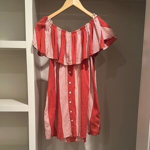 Faithfull the Brand Red and White Off-Shoulder dress | Poshmark