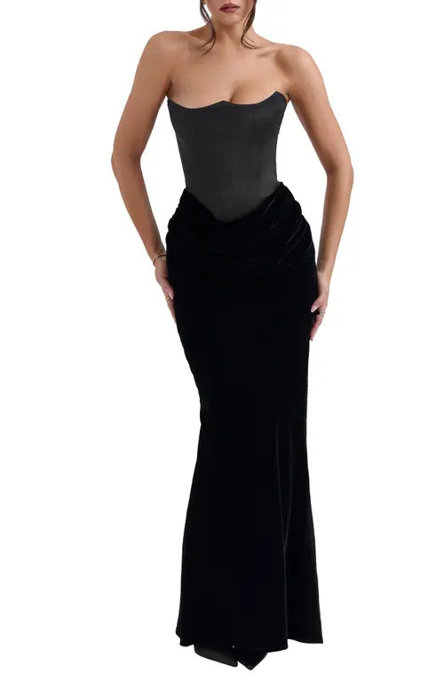 HOUSE OF CB Persephone Strapless Corset Satin & Velvet Mermaid Gown in Black at Nordstrom, Size Small A | Nordstrom