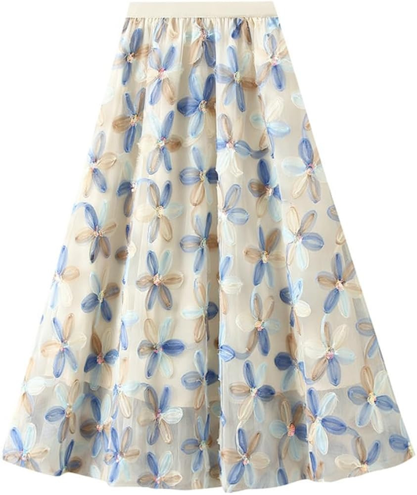 Womens Floral Midi Skirt High Waisted A Line Cute Layered Fairy Mesh Tulle Pleated Skirt | Amazon (US)