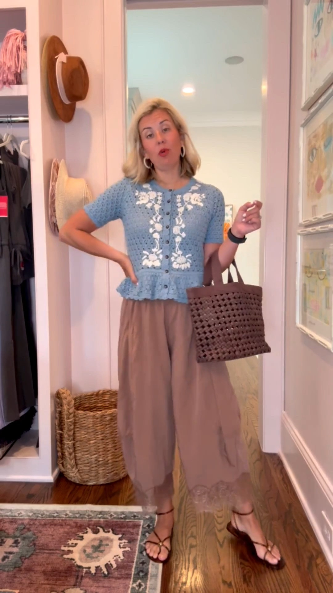 Mix & match combo I’m loving!!  
We are totally wearing this now and into fall! ￼
Pants - xs
Blue Sweater - xs
Sandals - 8 tts 

Codes: 
Boden - HHCX on new styles 
Allie + Bess - Catherine20

#LTKdayinmylife #LTKootd #LTKmomlife
