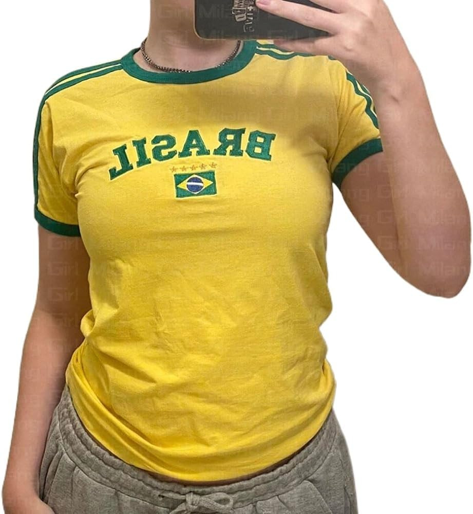 Vintage Graphic Baby Tees for Women Brazil Shirt Y2k Tops Mexico Crop Top Jersey 2000s Summer Goi... | Amazon (US)