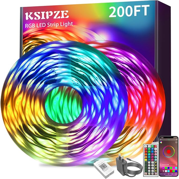 KSIPZE 200ft (2 Rolls of 100 ft) Led Strip Lights RGB Music Sync Color Changing Bluetooth Led Lig... | Amazon (US)