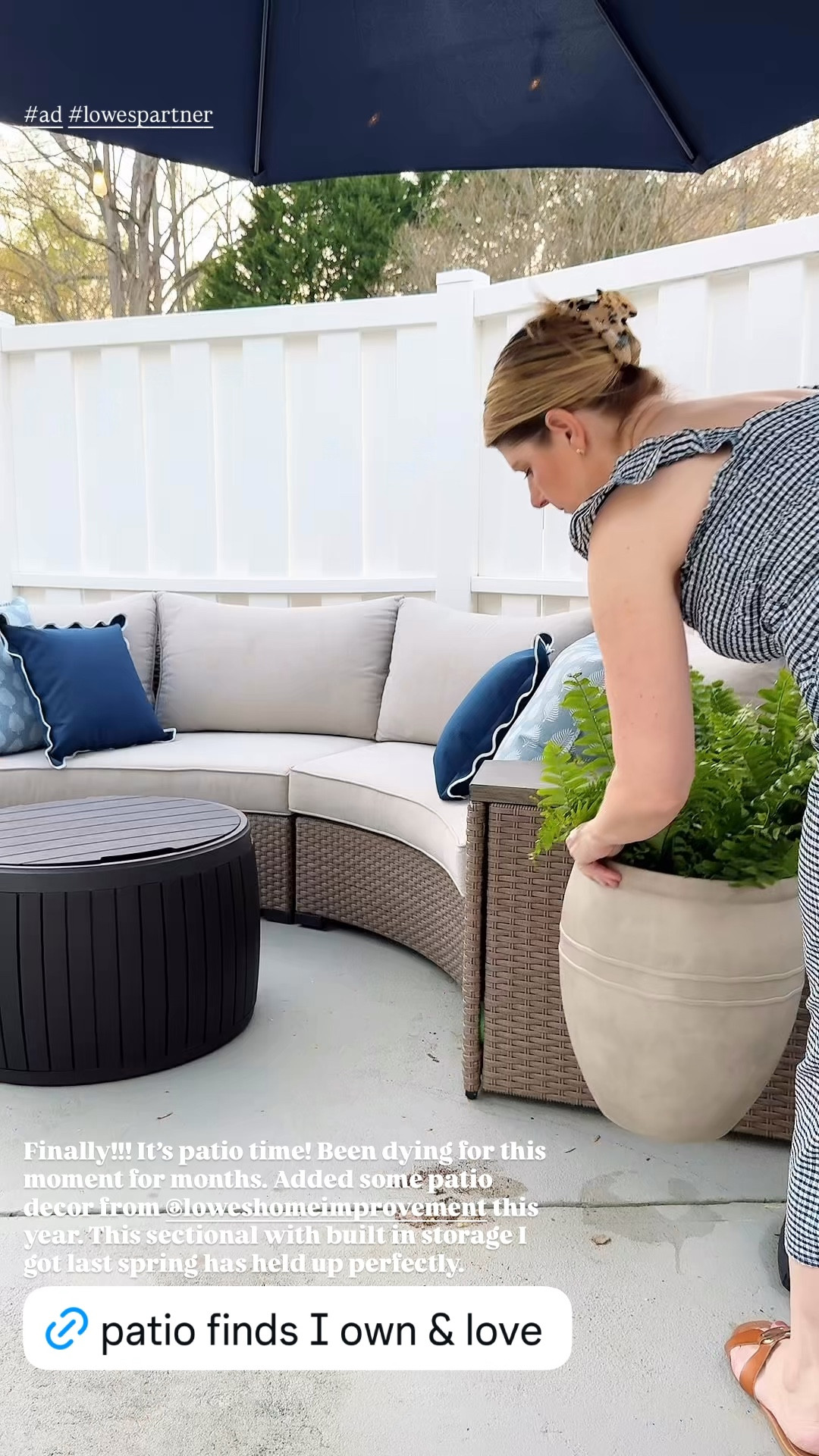 #ad It’s finally patio season! I gave this corner of our pool deck a quick facelift with some fresh outdoor throw pillows and plants. This curved outdoor sectional with storage side tables from @loweshomeimprovement has held up perfectly since we got it last spring! It’s been outside in the elements for a year and only needed a light rinse with the water hose. #lowes #lowespartner


#LTKSeasonal #LTKHome #LTKSaleAlert