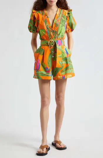 FARM Rio Fresh Macaws Belted Button Front Romper | Nordstrom | Nordstrom