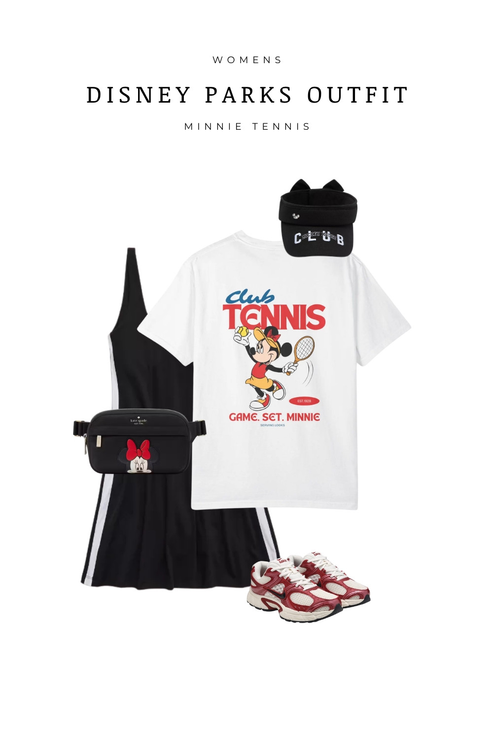  

 Cute and sporty Disney parks outfit inspired by Minnie Mouse featuring a tennis-style look. This outfit pairs a graphic tee, black athletic dress, comfy sneakers, and a belt bag for an easy, all-day theme park outfit. Perfect for walking around Walt Disney World or Disneyland Park while staying comfortable and stylish.

#LTKootd