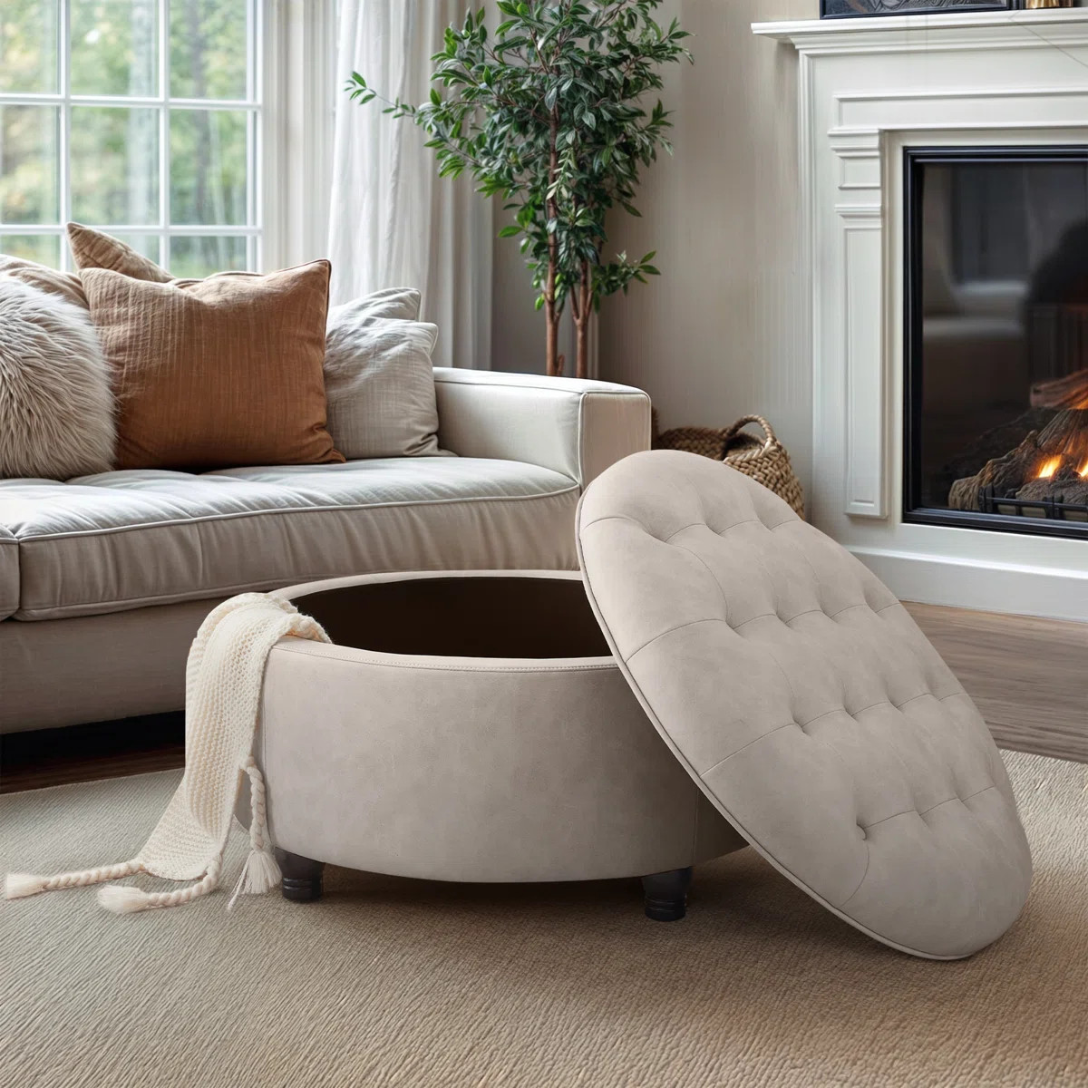 Dimitrika 30'W Faux Leather Tufted Round Storage Ottoman | Wayfair North America