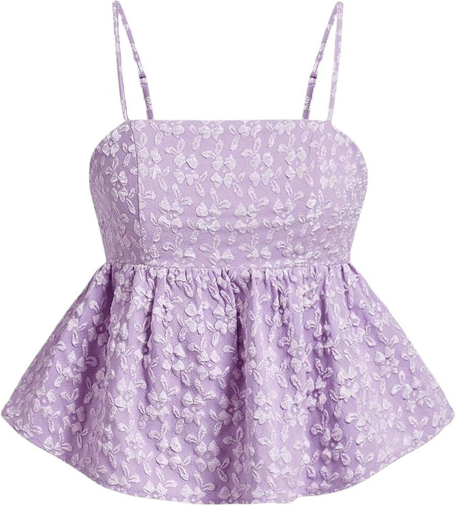 SOLY HUX Women's Spaghetti Strap Ruffle Hem Peplum Cami Top Jacquard Camisole | Amazon (US)