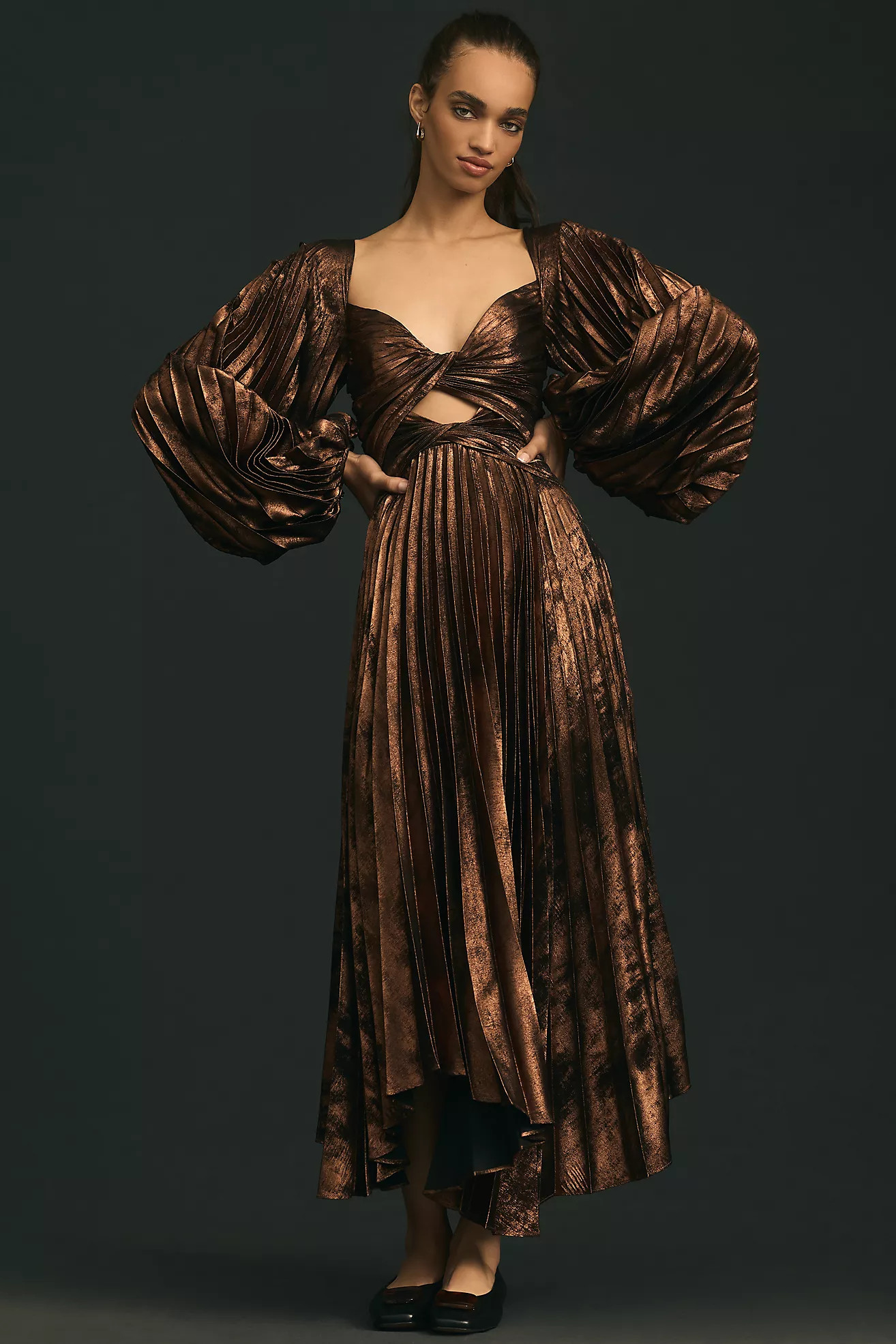 Acler Auroa Metallic Twist-Front Pleated Midi Dress | Anthropologie (US)