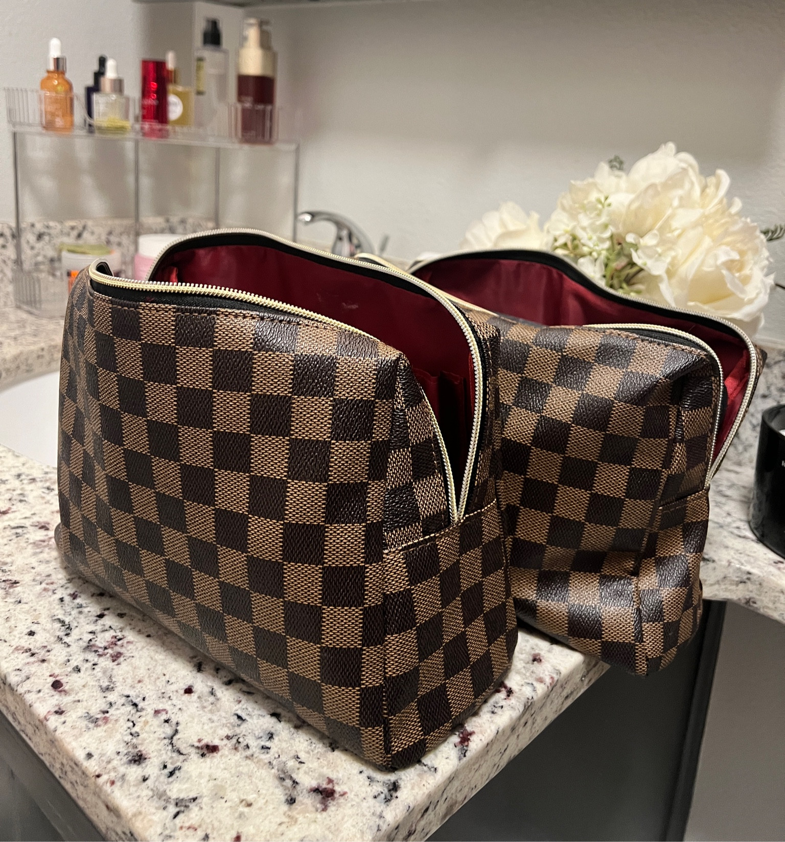 Cutest bags - I use one for my daily makeup and the other for too when traveling! Cutest dupe I’ve found and under $13! 