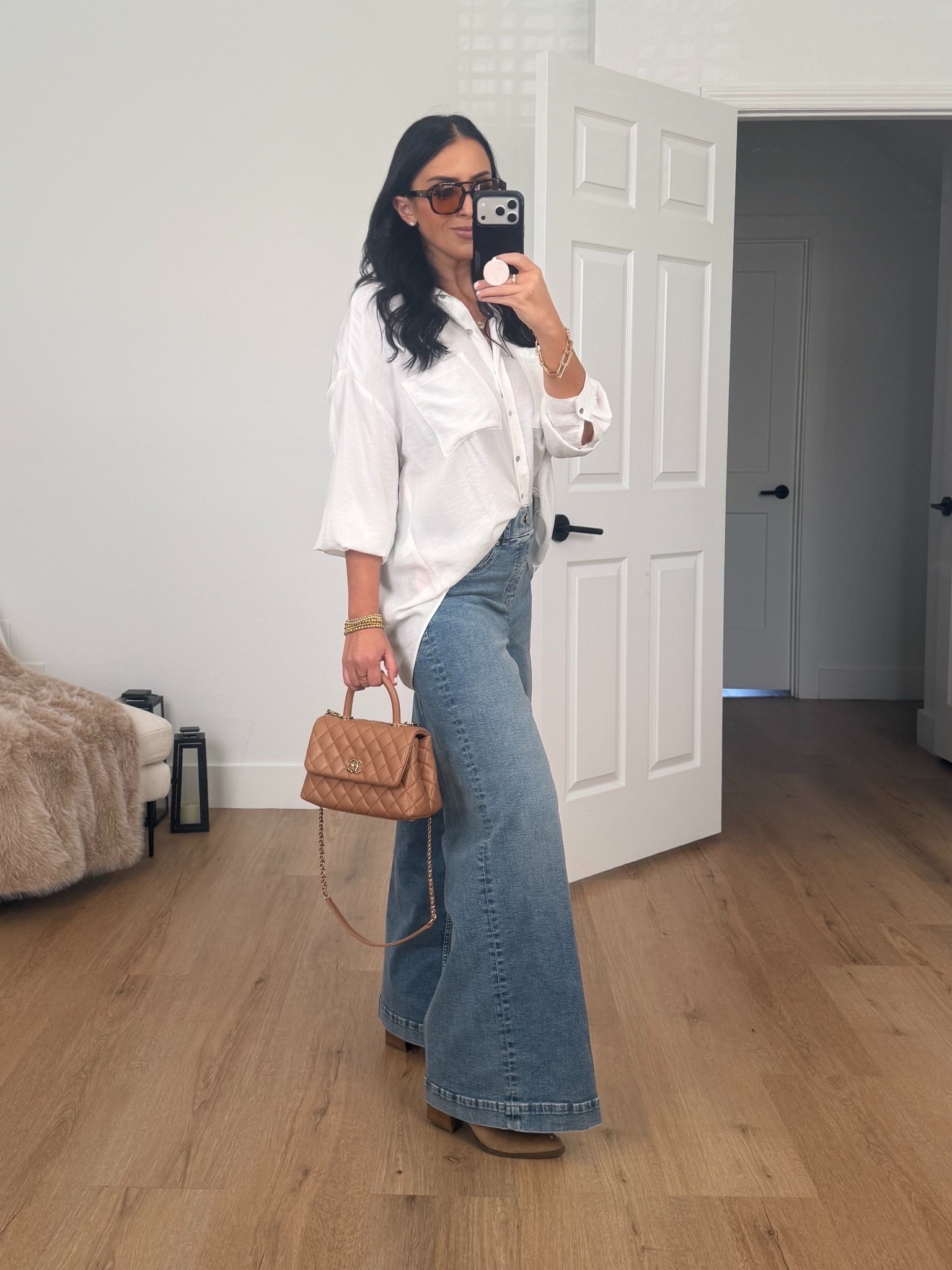 Zara Collection flowy shirt wearing size small. Spanxshape EveryWear Wide leg jeans wearing size medium. 