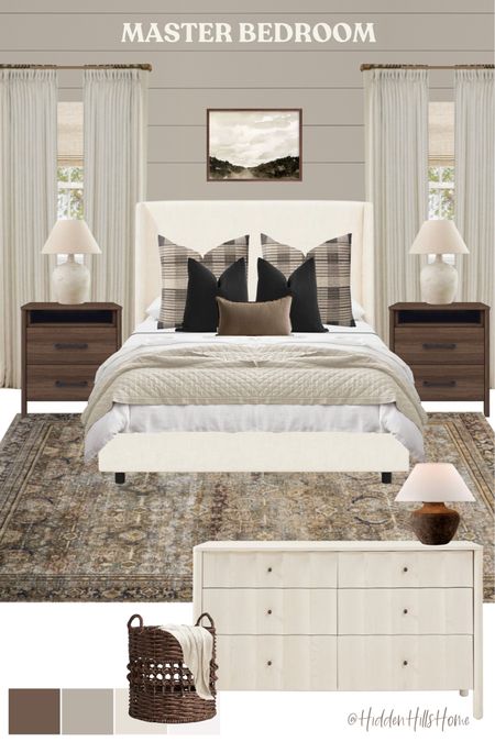 Master bedroom design, bedroom decor mood board, bedroom inspiration, home decor ideas #bedroom 
Wall color is SW Anew Gray

#LTKsalealert #LTKstyletip #LTKhome