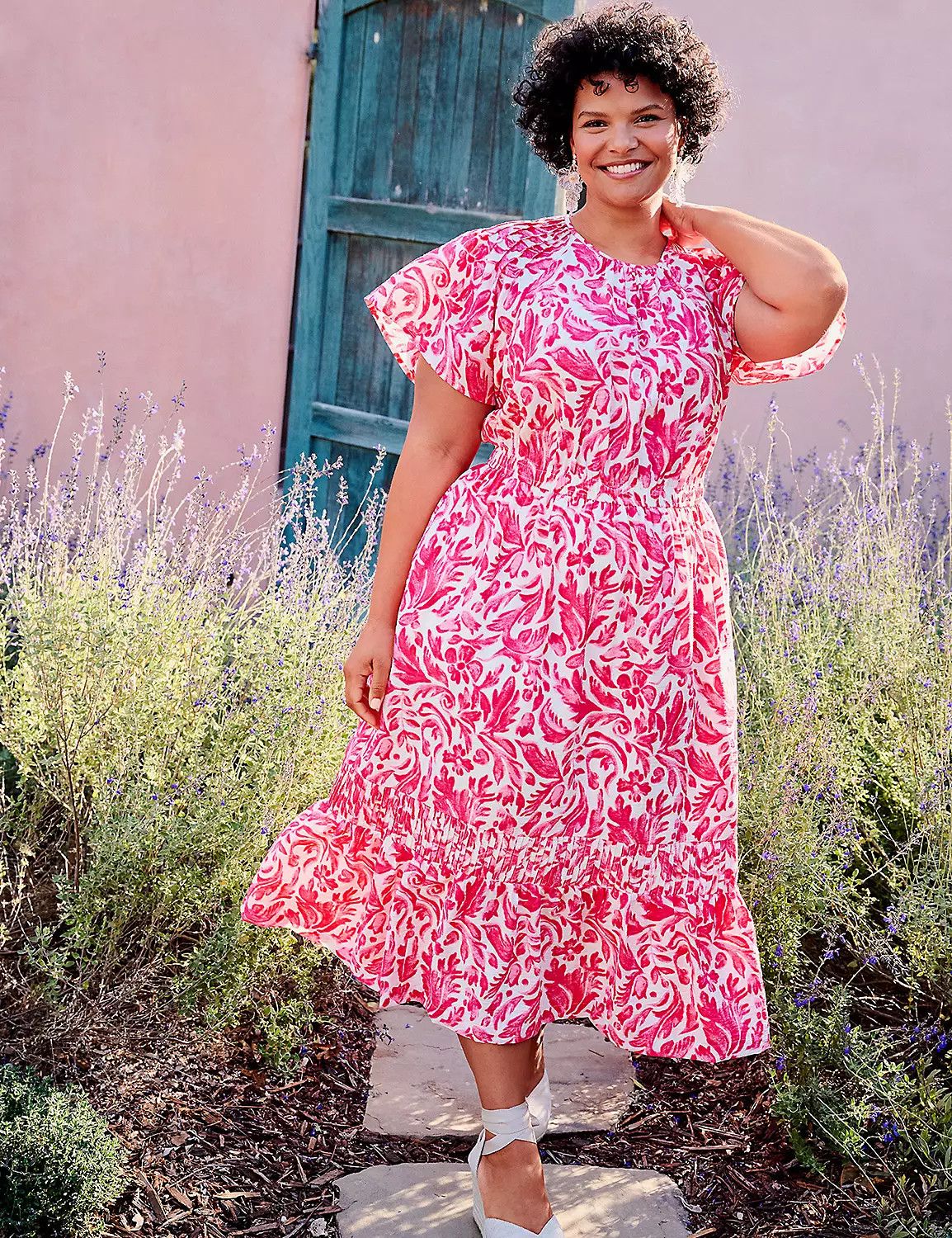 Flutter-Sleeve Pin-Tuck Sleeve Midi Dress | Lane Bryant (US)