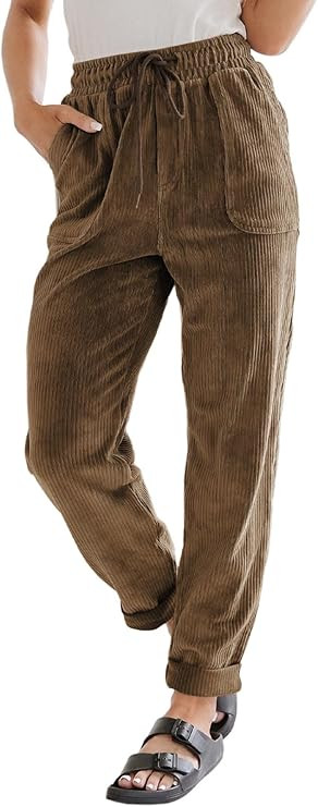 EVALESS Corduroy Pants for Women Casual Drawstring Elastic High Waist Straight Leg Pants Loose Co... | Amazon (US)