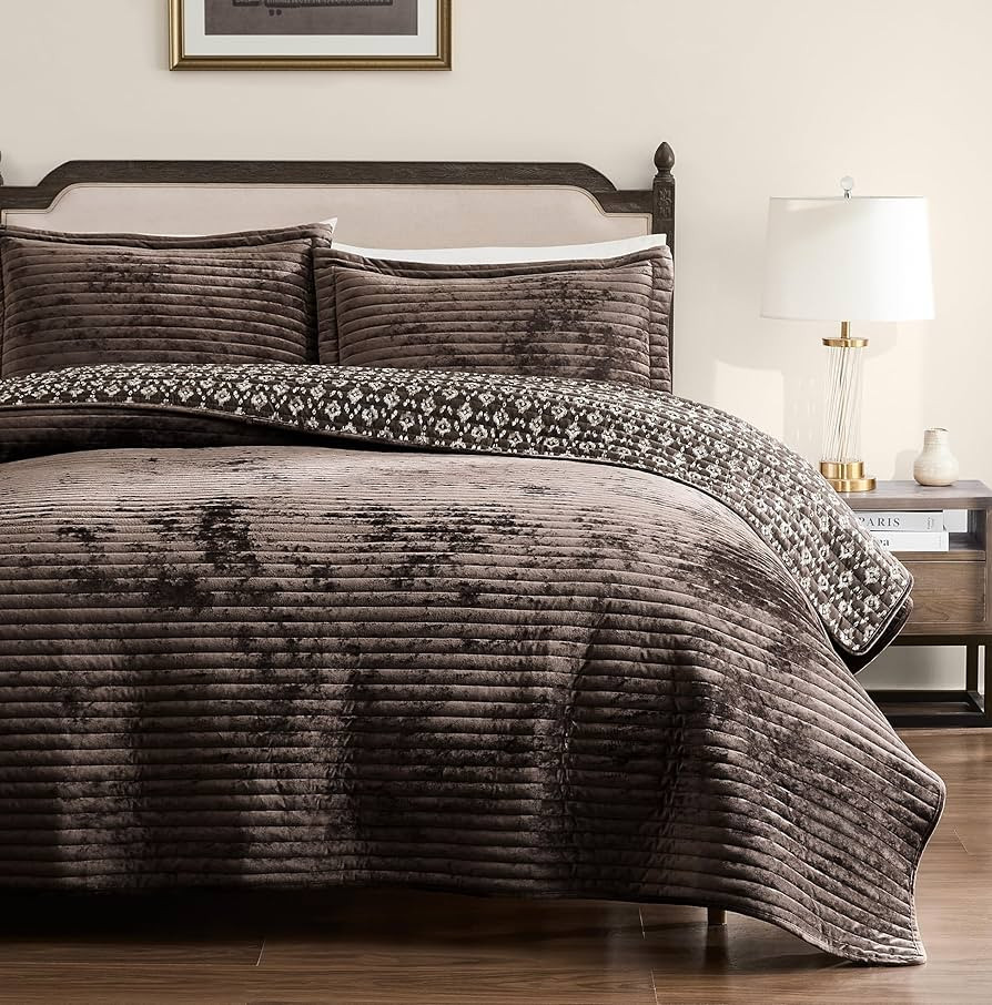 WDCOZY Velvet Queen Size Quilt Set - Chocolate Striped Soft Lightweight Bedspread, Dark Brown Neu... | Amazon (US)