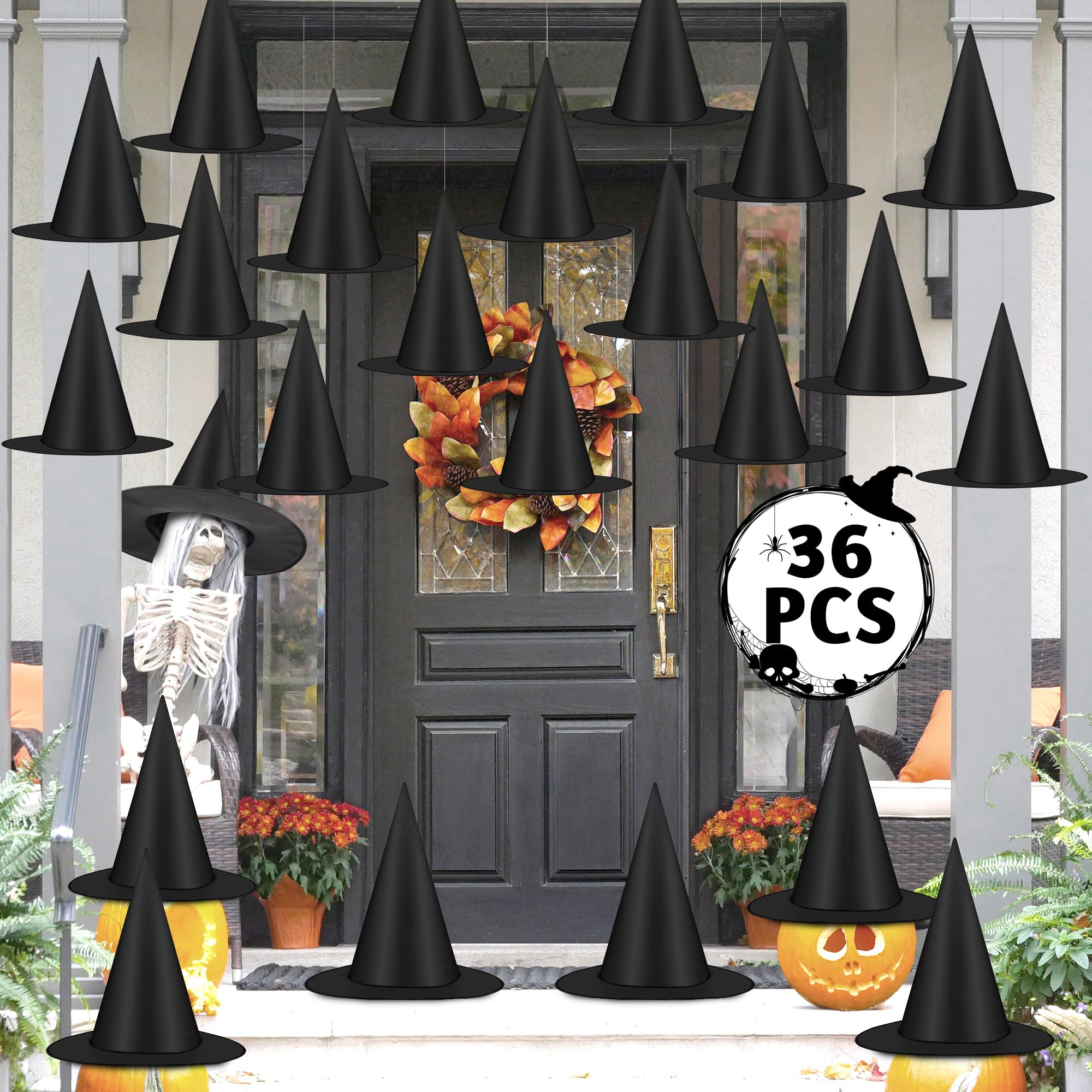Luces 36 PCS Witches Hats, Hanging Witches Hats Halloween Decor, Black Floating Witch Hat with 49... | Amazon (US)